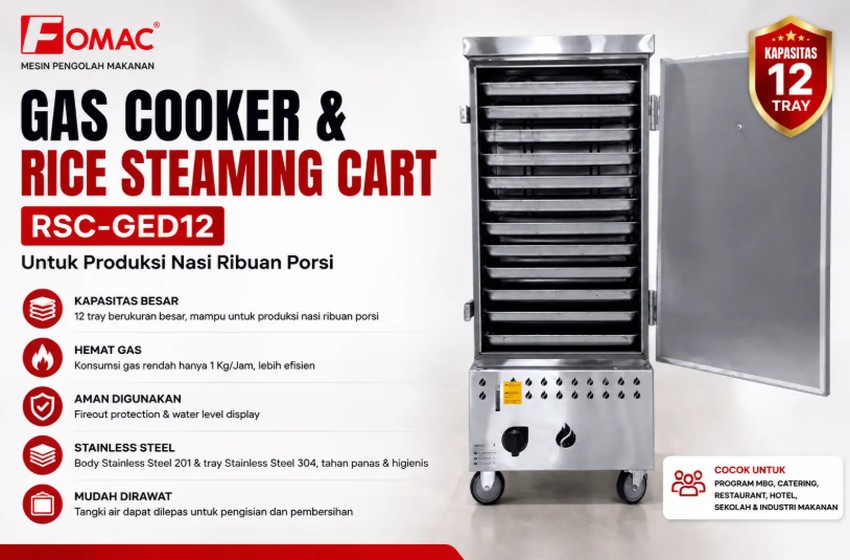 Gas Cooker dan Rice Steaming Cart RSC-GED12 untuk Produksi Nasi Ribuan Porsi