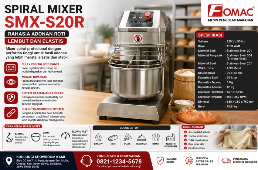 Spiral Mixer SMX-S20R: Rahasia Adonan Roti Lembut dan Elastis